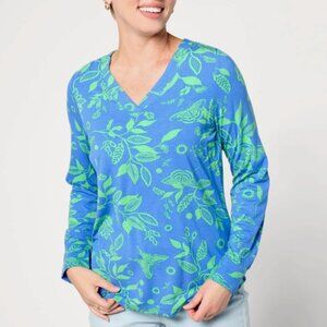 BELLE Kim Gravel Blue Floral Top Plus Size 5X Stretch V-Neck Tunic Tee